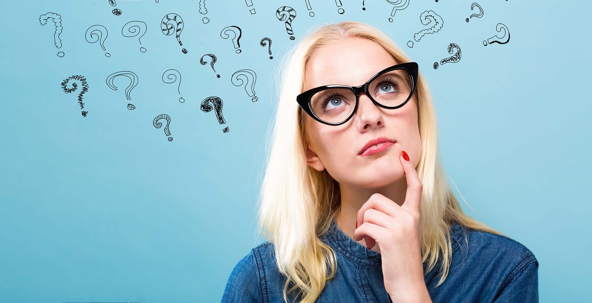 Background banner image of woman thinking of a question.