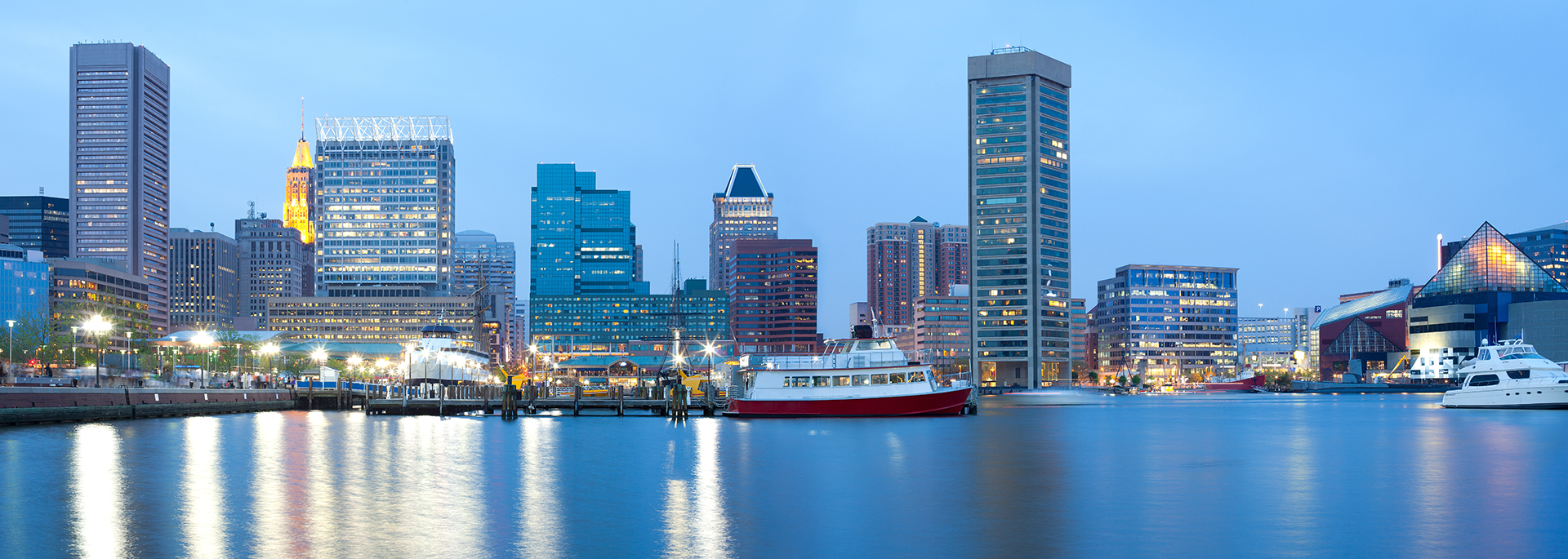 Downtown city skyline and Inner Harbor, Baltimore, Maryland, USA.